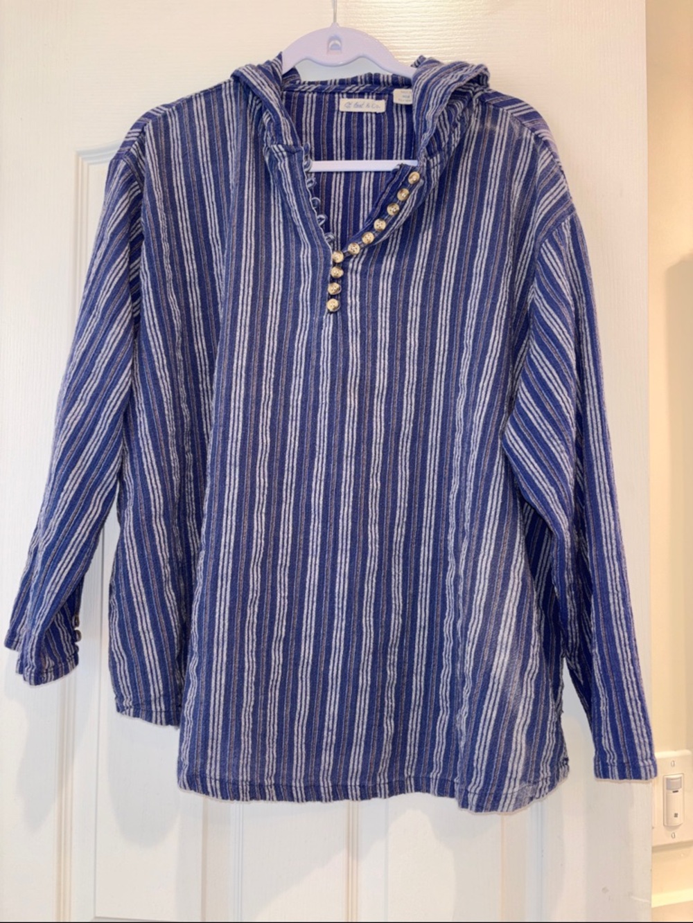 At Last Blue and White Striped Hooded Men’s Shirt with Button Placket